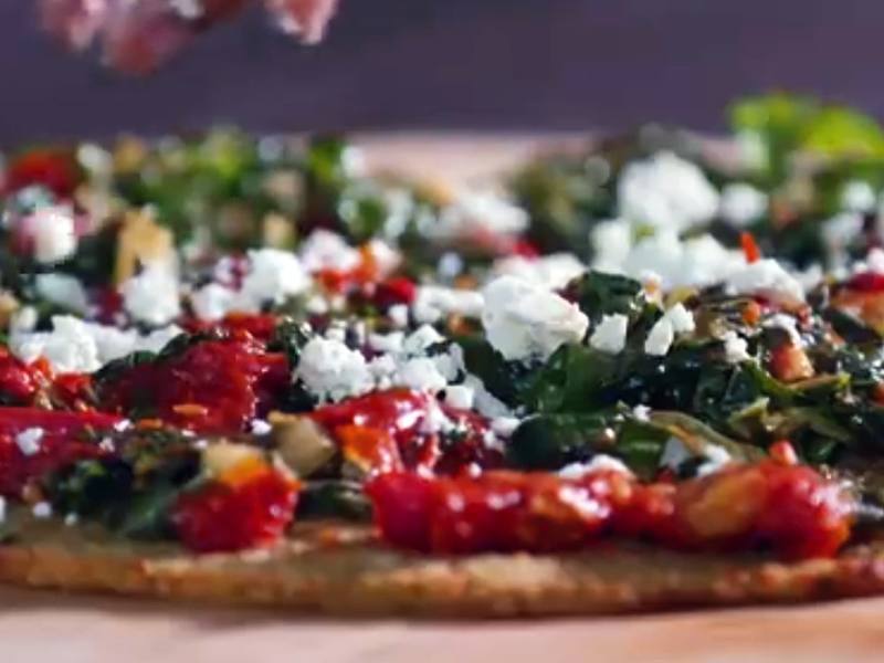 Sweet Potato Pizza Topped with Spinach, Sun-dried Tomato and Feta