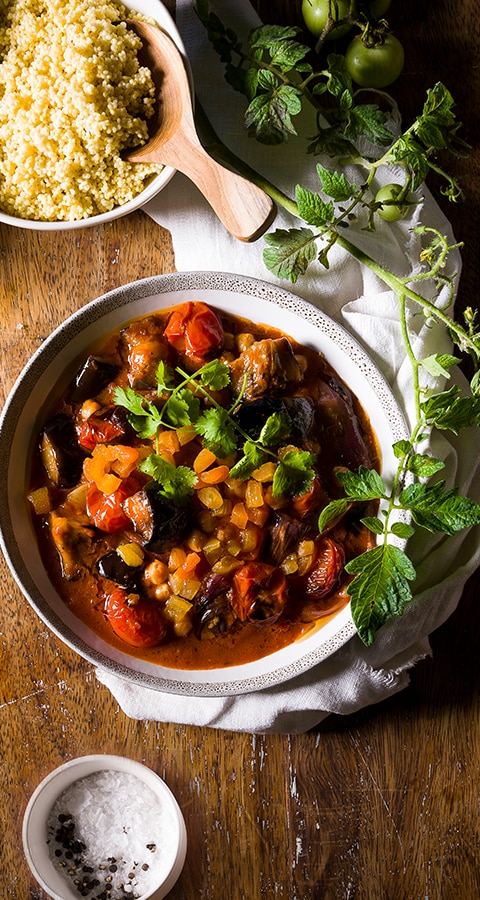 Aromatic Aubergine, Apricot and Chickpea Tagine with Millet