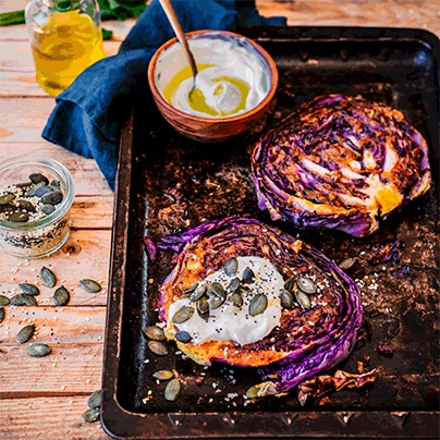 Chakalaka Roasted Red Cabbage Steaks with Mixed Seeds