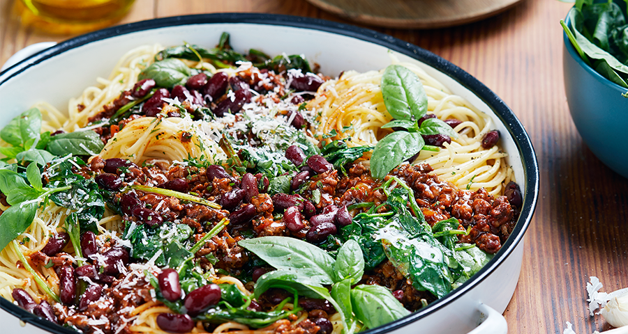 Spaghetti Bolognaise with Red Kidney Beans and Baby Spinach