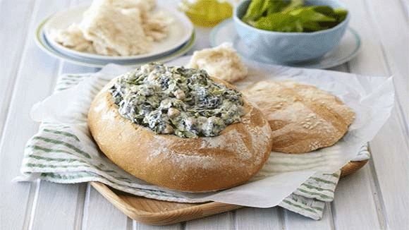 Spinach and Chickpea Dip in a Hollow Loaf