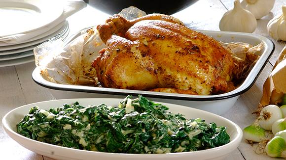 Garlic and Rosemary Roast Chicken with Creamy Spinach
