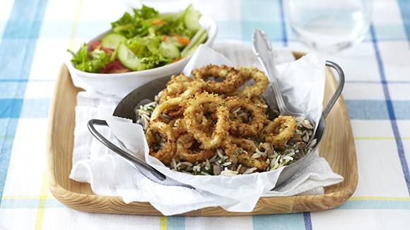 Crumbed Calamari Rings with Lentil Rice