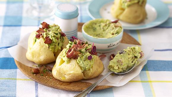 Baked Potatoes with an Avo and Bacon Topping