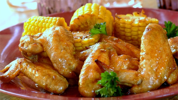 Barbeque Chicken Wings with Corn on the Cob