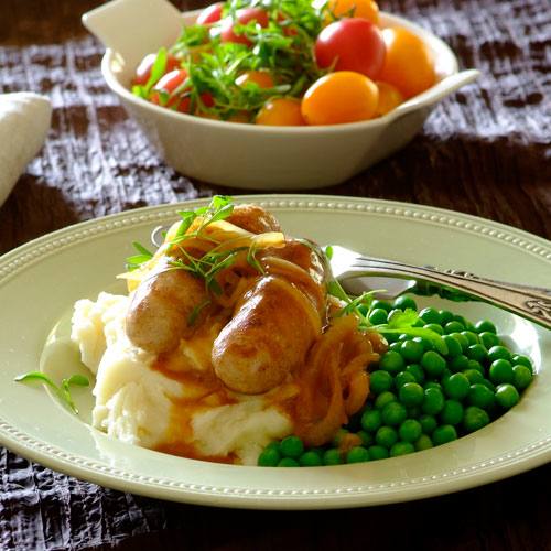 Hot Bangers and Mash with Onion Gravy and Peas