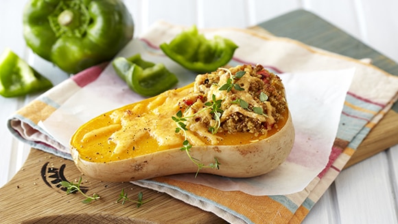 Stuffed Baked Butternut with Cheesy Rice and Peppers