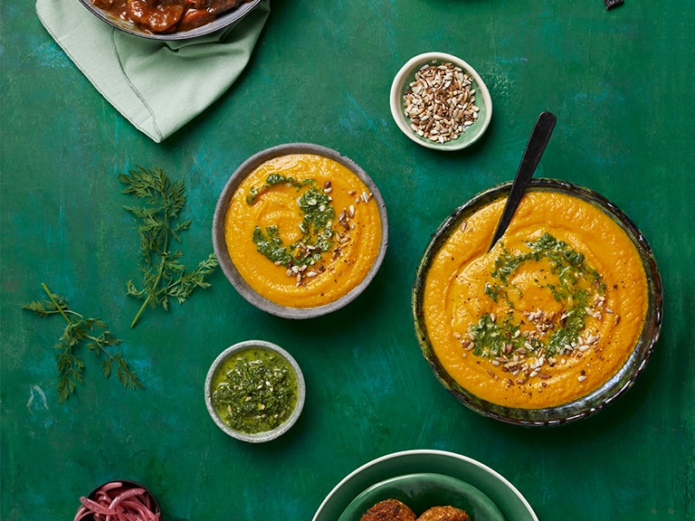 Roasted Carrot Soup with Carrot-Top Pesto