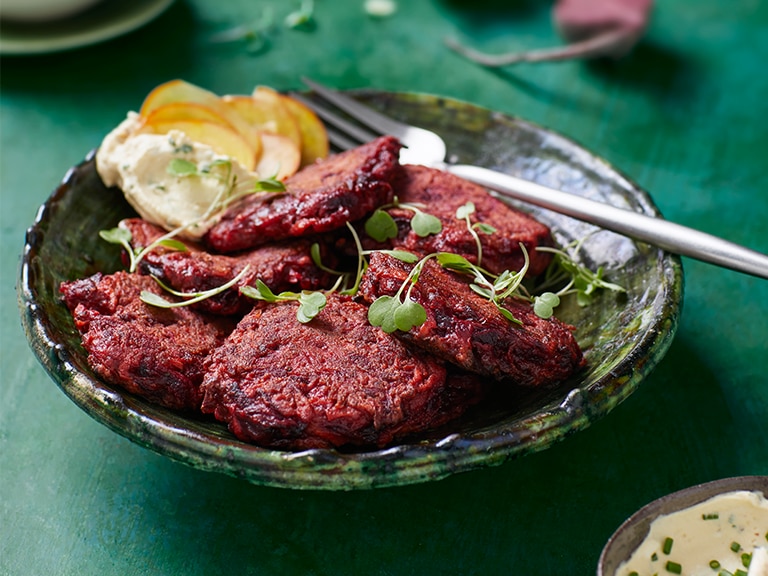 Beetroot, Sweet Potato and Carrot Chakalaka Fritters with Cream Cheese and Chives