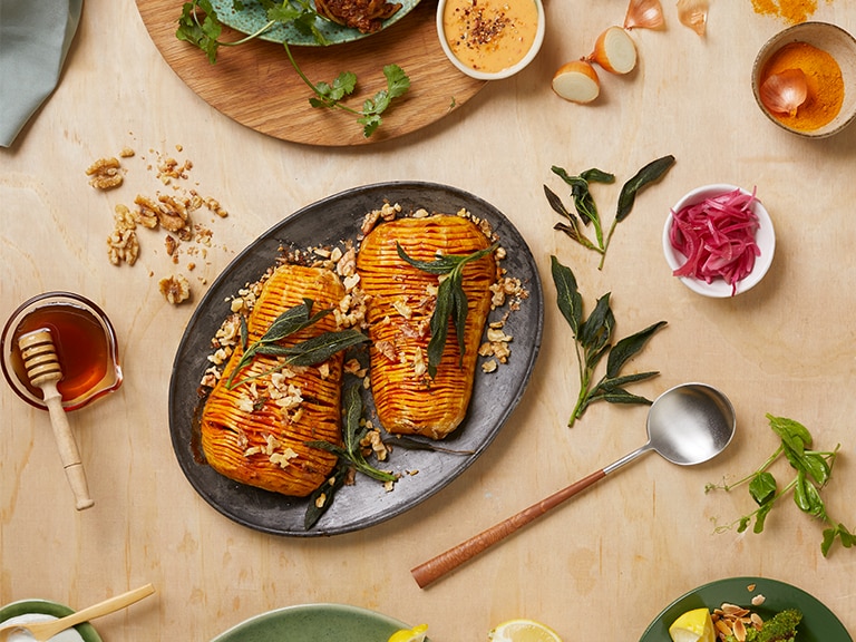 Hasselback Butternut with Blue Cheese, Walnuts, Honey and Crispy Sage