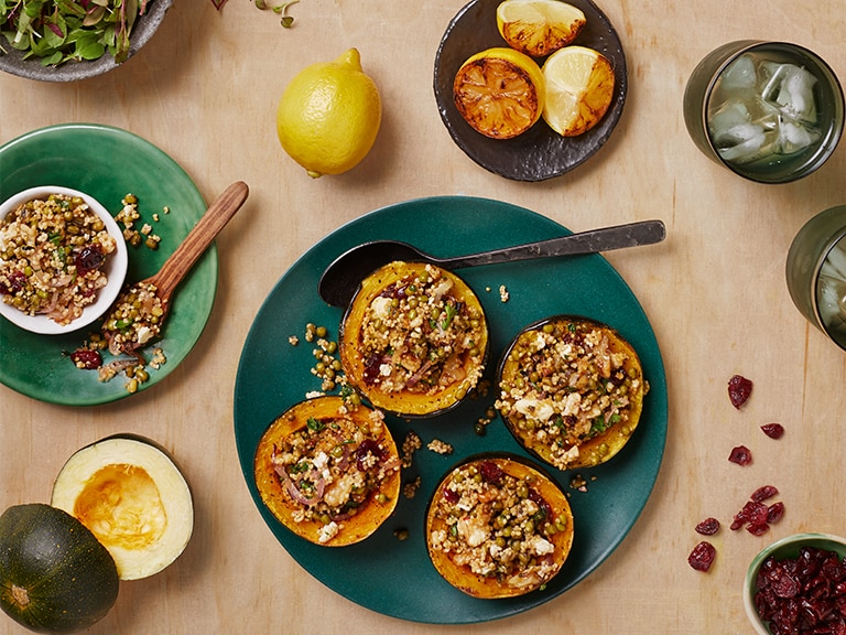 Millet-stuffed Gem Squash with Mung Beans, Walnuts and Feta