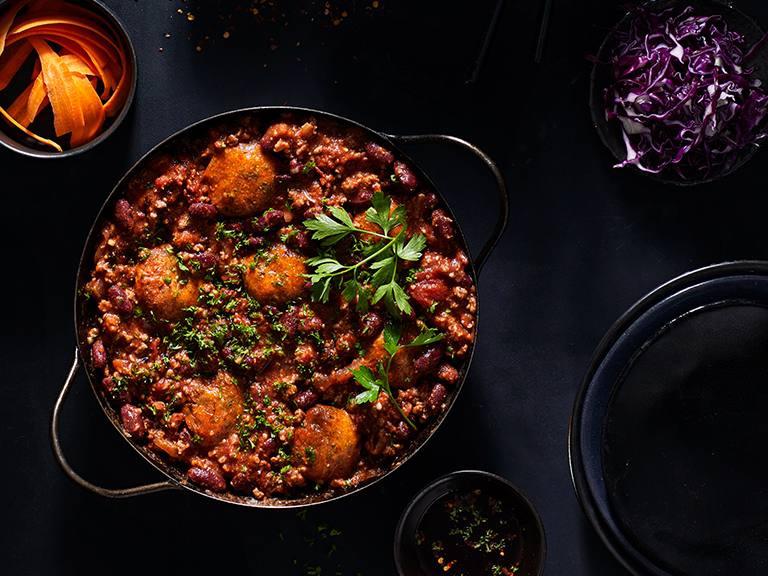 Spicy Mince and Red Kidney Beans with Herbed Dombolo