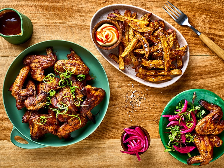 Sticky Barbecue Chicken Wings With Sweet Potato Fries