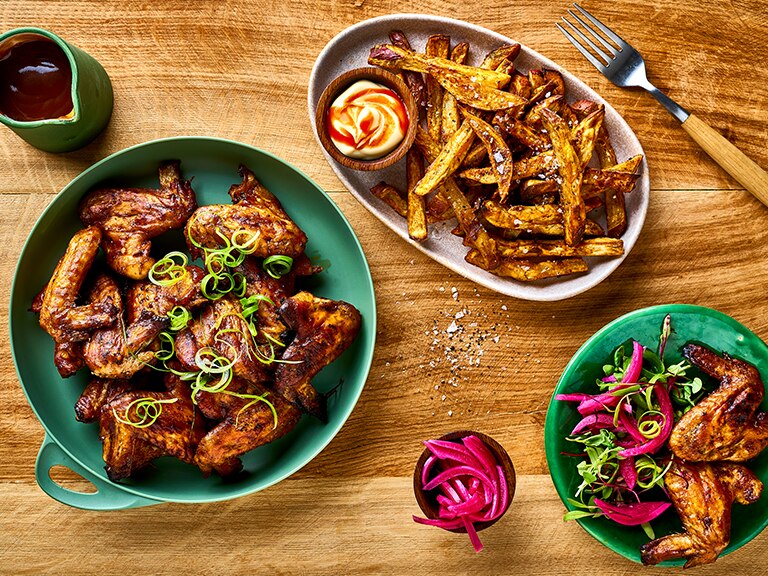 Sticky Barbecue Chicken Wings With Sweet Potato Fries whatsfordinner