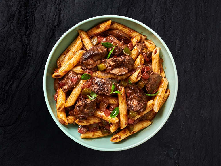 Saucy Chicken Livers with Penne Pasta