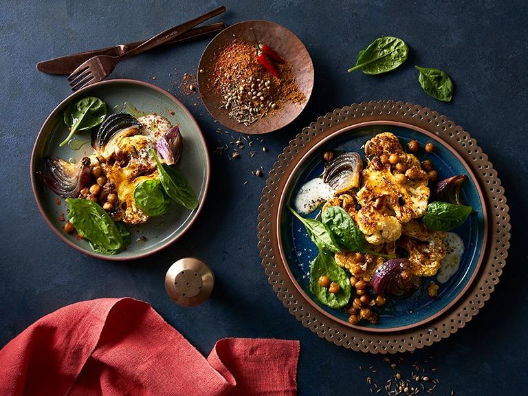 Curried Cauliflower Steaks, Chickpea and Baby Spinach Salad
