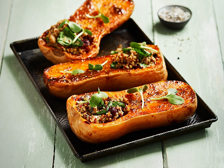Roasted Butternut Stuffed with Quinoa, Spinach and Mushrooms
