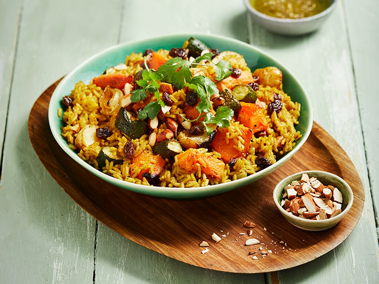 Spiced Roast Vegetable and Rice Salad with Raisins and Almonds