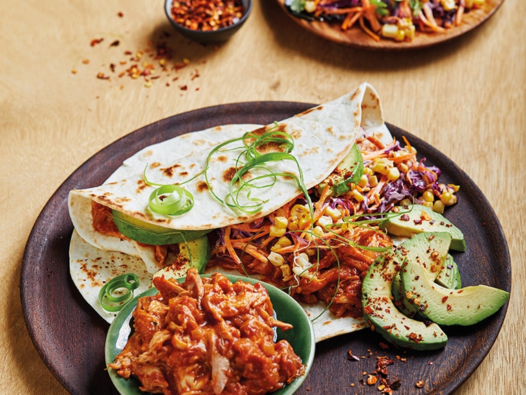 Mexican Chicken Tinga Tortillas with Red Cabbage and Charred Corn Slaw