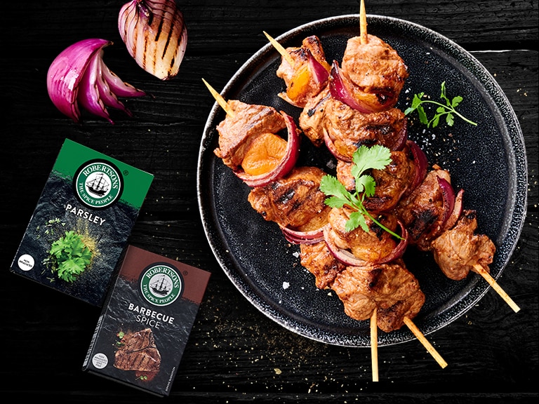 Barbecue Pork, Onion and Apricot Kebabs