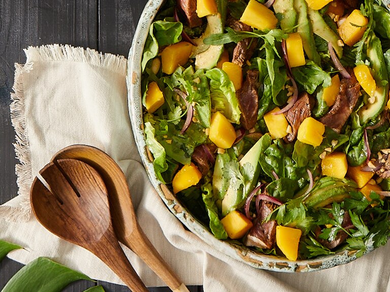 Flavourful Mango, Avo and Beef Strip Salad whatsfordinner