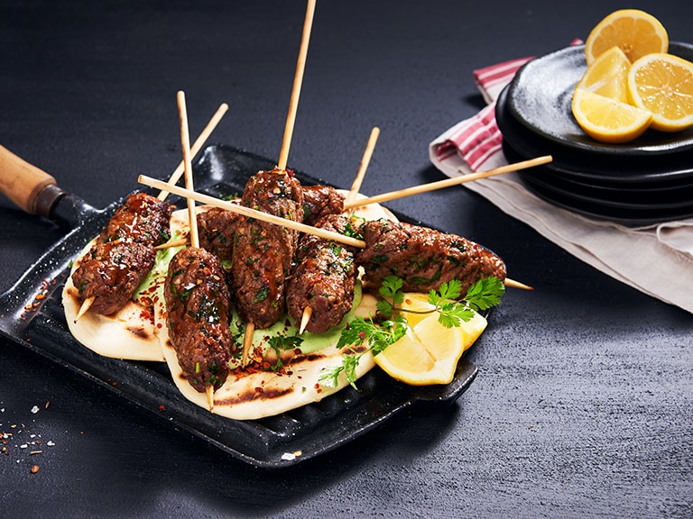 Aromatic Beef Koftas with Flat Breads and Whipped Coriander Feta