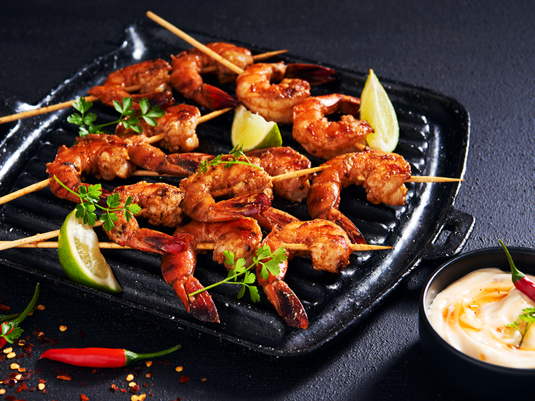 Tangy BBQ Prawn Skewers with Sweet Chilli Aioli whatsfordinner