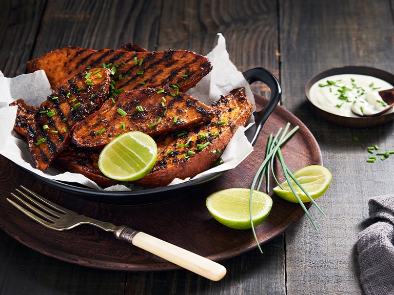 Grilled Orange Sweet Potato Halves with Sour Cream and Lime Dressing