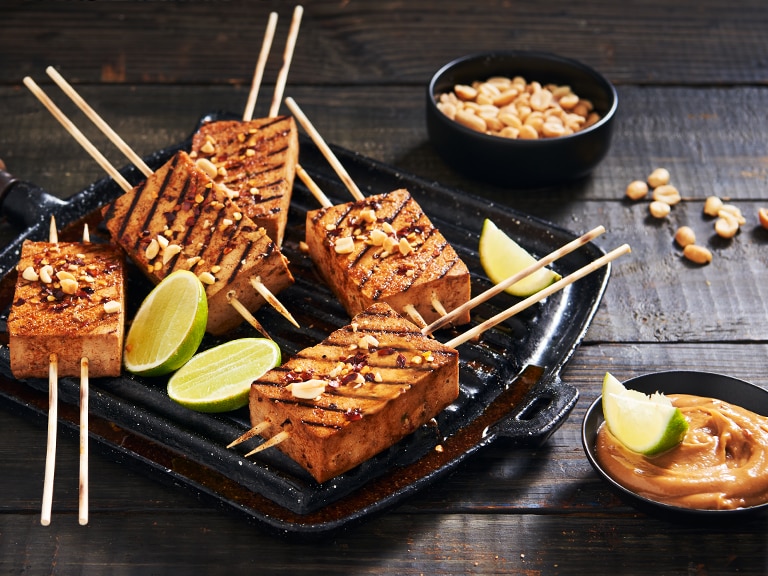 Grilled Tofu Skewers with a Spicy Peanut Dipping Sauce