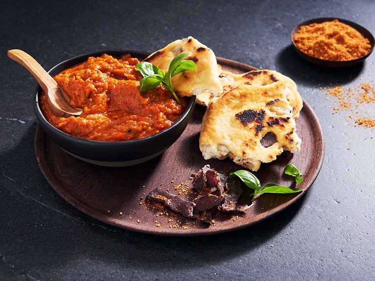 Smoky Brinjal & Red Pepper Dip with Biltong Flat Breads