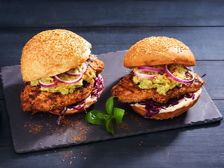 BBQ Chicken Breast Burgers with Cabbage Slaw, Guacamole & Mayo
