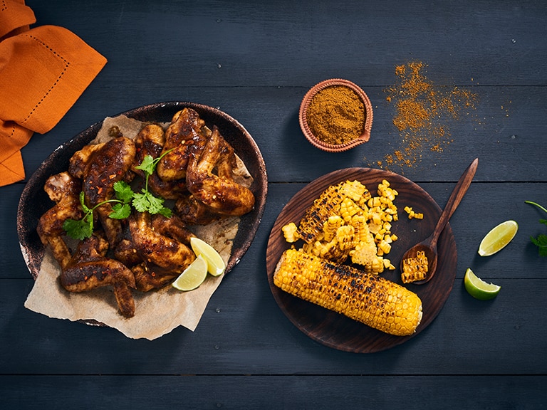 BBQ Chicken Wings with Grilled Corn