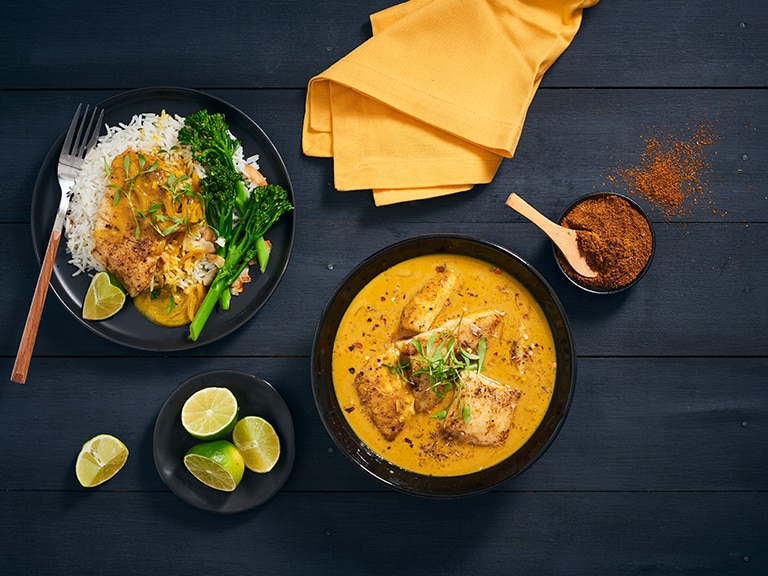 Grilled Hake with Coconut Curry Sauce, Coconut Rice & Broccoli
