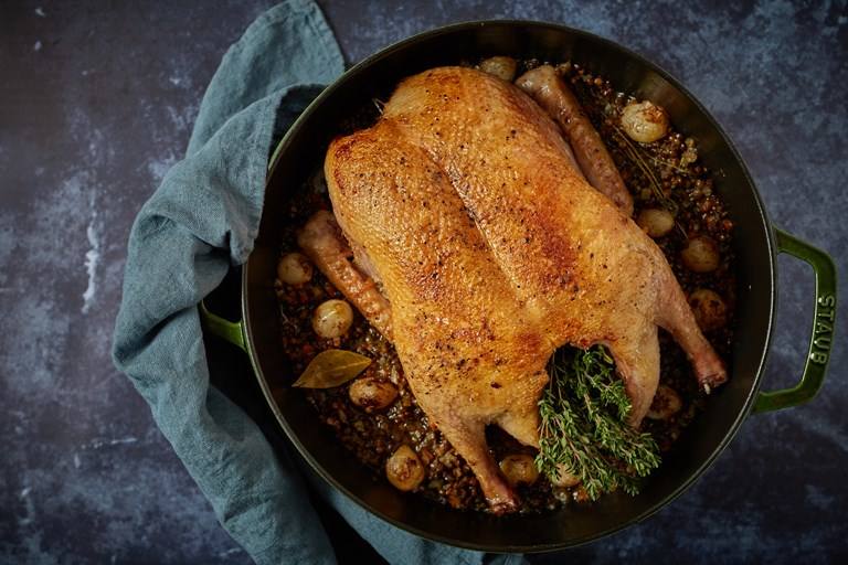 Roast duck with puy lentils and roasted onions