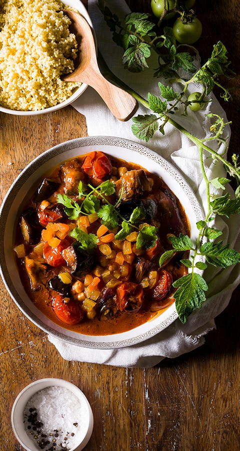 AROMATIC AUBERGINE, APRICOT AND CHICKPEA TAGINE WITH MILLET