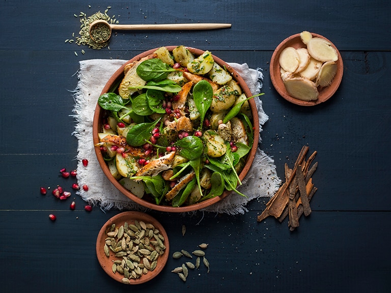 Grilled Chicken Potato Salad with Spicy Herb and Pomegranate Dressing
