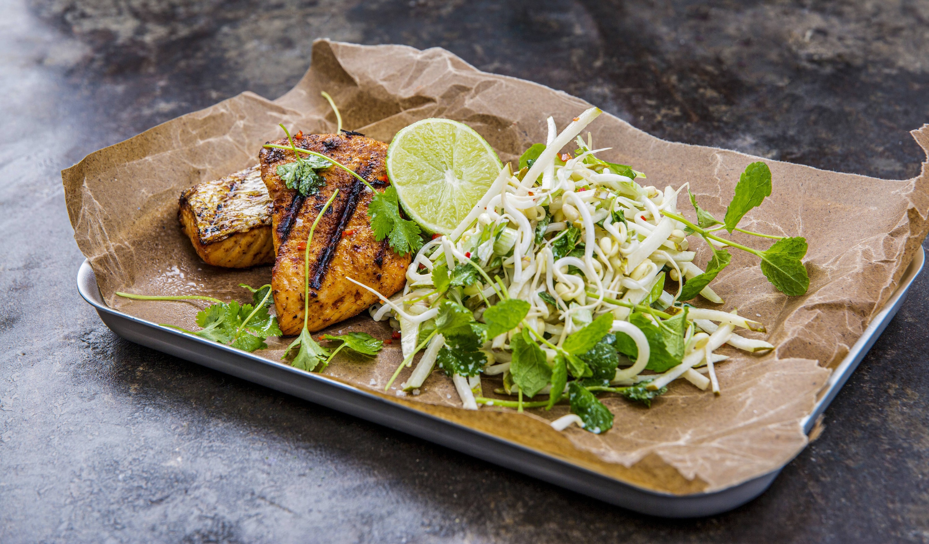 Grilled salmon with pear slaw and BBQ dressing