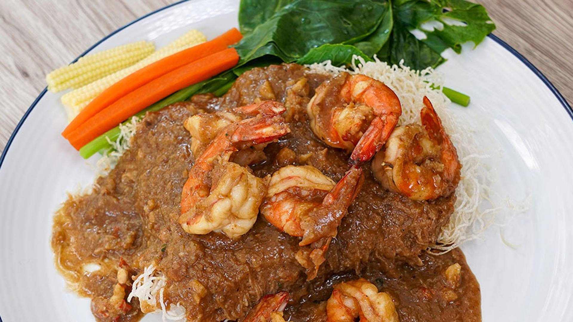 โจ๊กหมี่ขาวกรอบราดหน้ากุ้ง