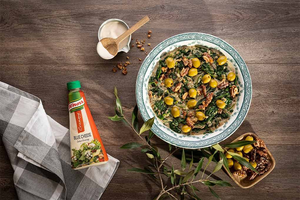Creamed Spinach with Toasted Walnuts and Olives