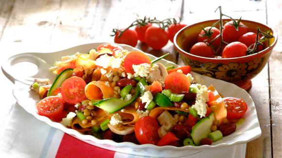 Marinated mushroom, lentil and feta salad