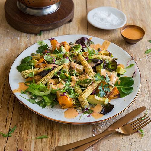 Roasted butternut, baby corn and avo salad