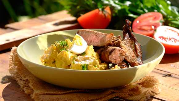 Shisa nyama with spicy potato salad