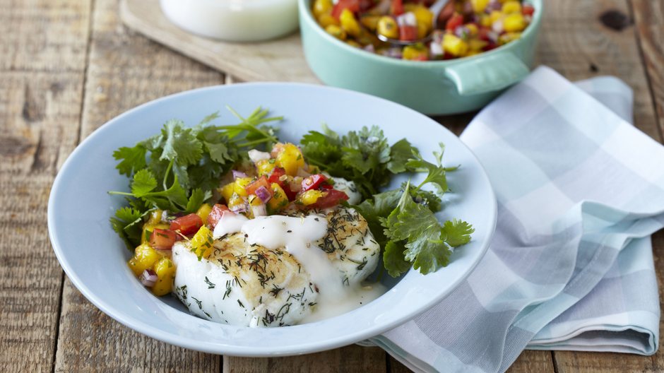 Lemon Butter Hake with a Chunky Mango Salsa