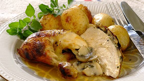 Mushroom and Onion Stuffed Roast Chicken