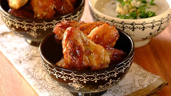 Sticky Chicken Wings with a Blue Cheese Dip