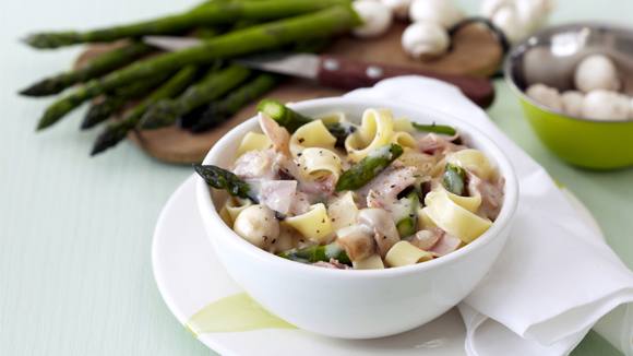 Pasta with Mushrooms, Ham and Asparagus