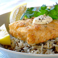 Garlic and Herb Hake Fillets with Lentils and Rice