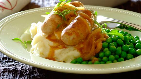 Bangers and mash with brown onion gravy