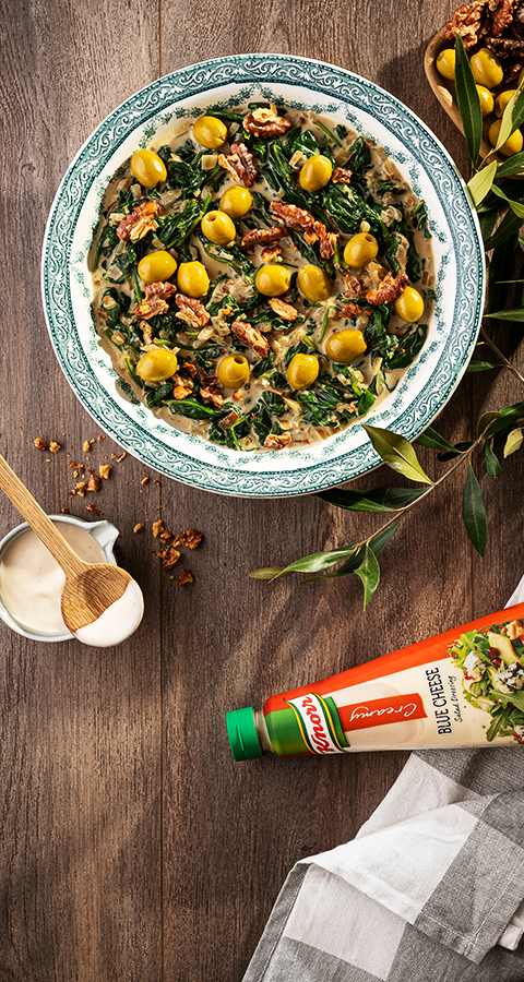 CREAMED SPINACH WITH TOASTED WALNUTS AND OLIVES