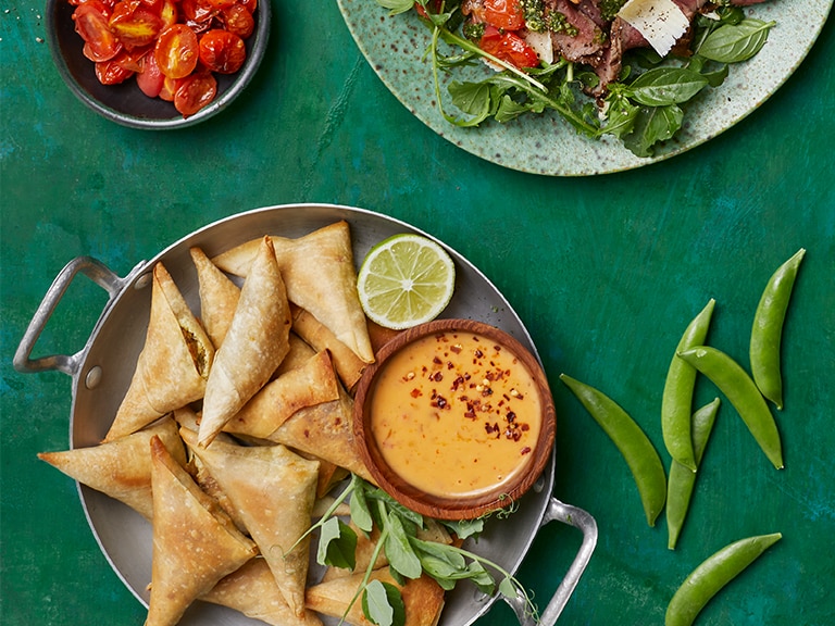 BAKED SWEET POTATO AND PEA SAMOOSAS  WITH A SWEET CHILLI DIPPING SAUCE